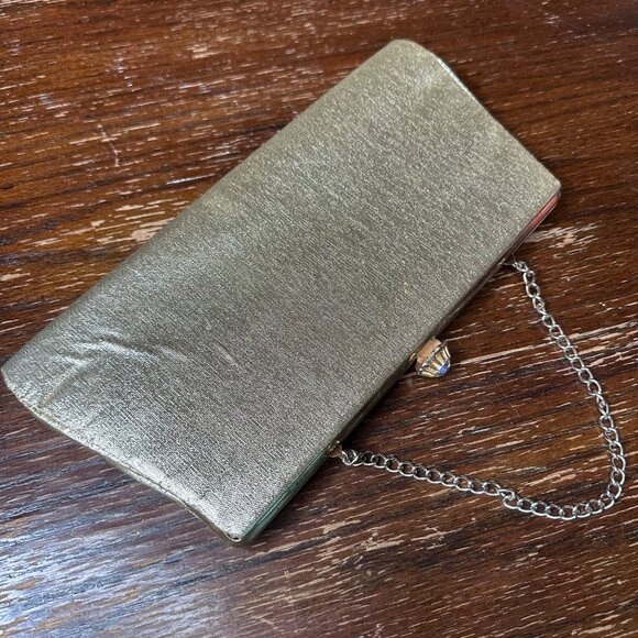 Vintage Gold Clutch Purse With Chain Strap Textured Metallic Finish & Crystal Cl - Picture 3 of 11
